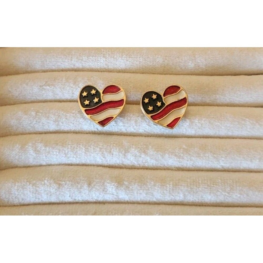 Vintage Avon American Flag Heart Stud Earrings Red White Blue Enamel